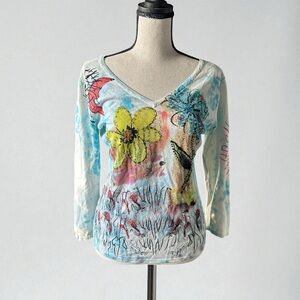 Lauren Michelle graphic floral beaded V-neck multicolor top, Size Large